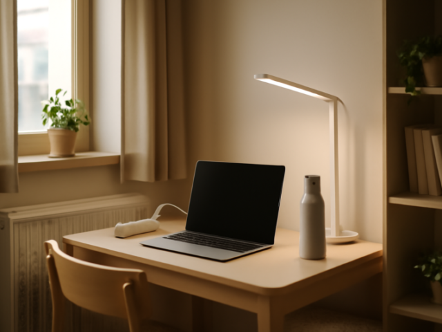 Nette studentenkamer met LED-lamp, slimme stekkerdoos en radiatorfolie