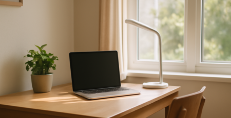 Zonlicht thuiskantoor met laptop, LED-lamp en plant voor energiebesparing