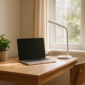Zonlicht thuiskantoor met laptop, LED-lamp en plant voor energiebesparing