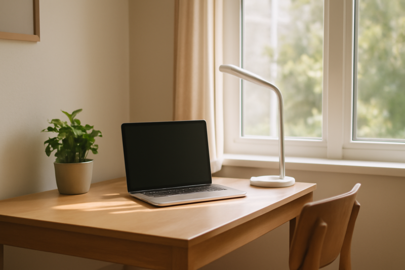 Zonlicht thuiskantoor met laptop, LED-lamp en plant voor energiebesparing