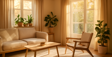 Duurzame woonkamer met ledverlichting, wollen vloerkleed en kamerplanten