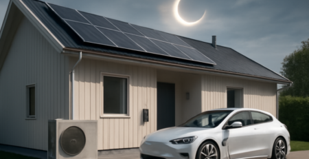 Woning met zonnepanelen, warmtepomp en laadpaal tijdens gedeeltelijke zonsverduistering