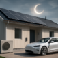 Woning met zonnepanelen, warmtepomp en laadpaal tijdens gedeeltelijke zonsverduistering