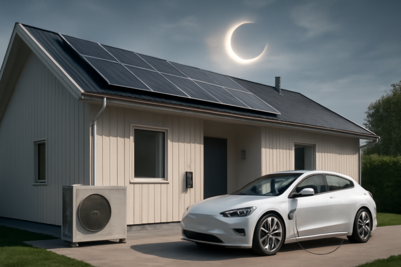 Woning met zonnepanelen, warmtepomp en laadpaal tijdens gedeeltelijke zonsverduistering