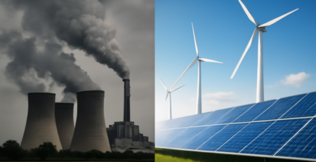 Vergelijking van grijze stroom (kolencentrale) en groene stroom (windmolens en zonnepanelen)