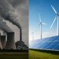 Vergelijking van grijze stroom (kolencentrale) en groene stroom (windmolens en zonnepanelen)