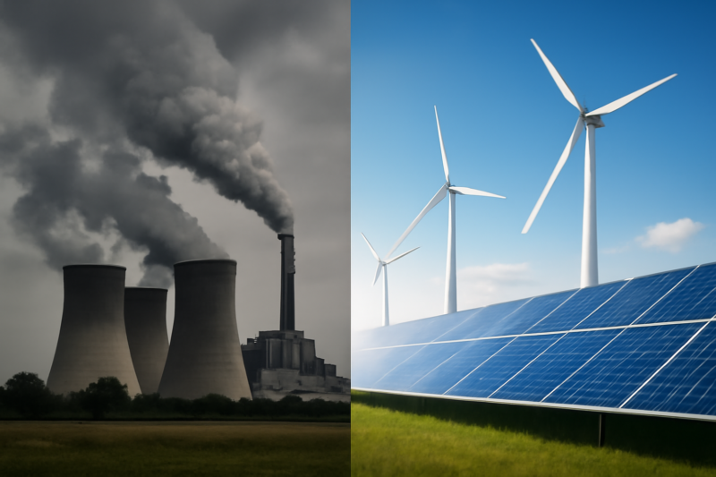 Vergelijking van grijze stroom (kolencentrale) en groene stroom (windmolens en zonnepanelen)