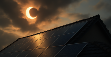 Zonnepanelen op dak tijdens een gedeeltelijke zonsverduistering met diffuus licht
