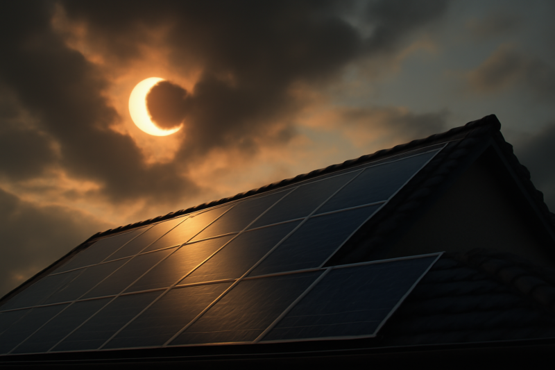Zonnepanelen op dak tijdens een gedeeltelijke zonsverduistering met diffuus licht