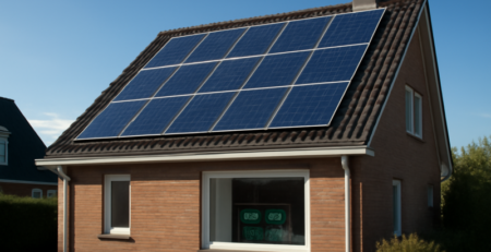 Zonnepanelen op een woonhuis met slimme energiemonitor zichtbaar door het raam