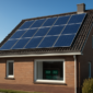 Zonnepanelen op een woonhuis met slimme energiemonitor zichtbaar door het raam