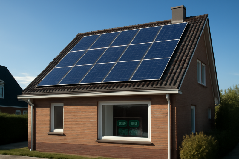 Zonnepanelen op een woonhuis met slimme energiemonitor zichtbaar door het raam
