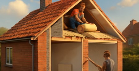 Doorsnede van een woning met spouwmuurisolatie en dakisolatie naast elkaar