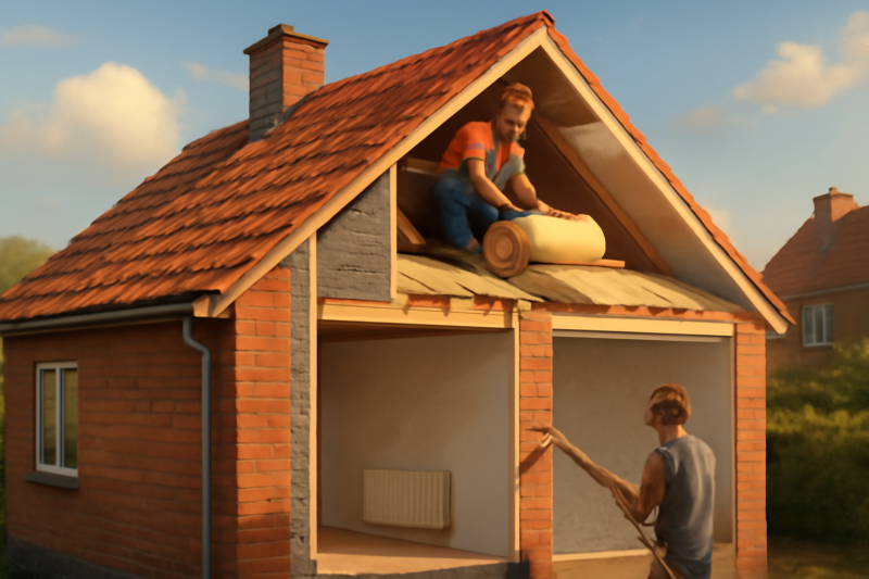 Doorsnede van een woning met spouwmuurisolatie en dakisolatie naast elkaar