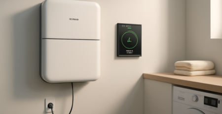 Thuisaccu aan de muur in een woning, zonder zonnepanelen, met laadweergave