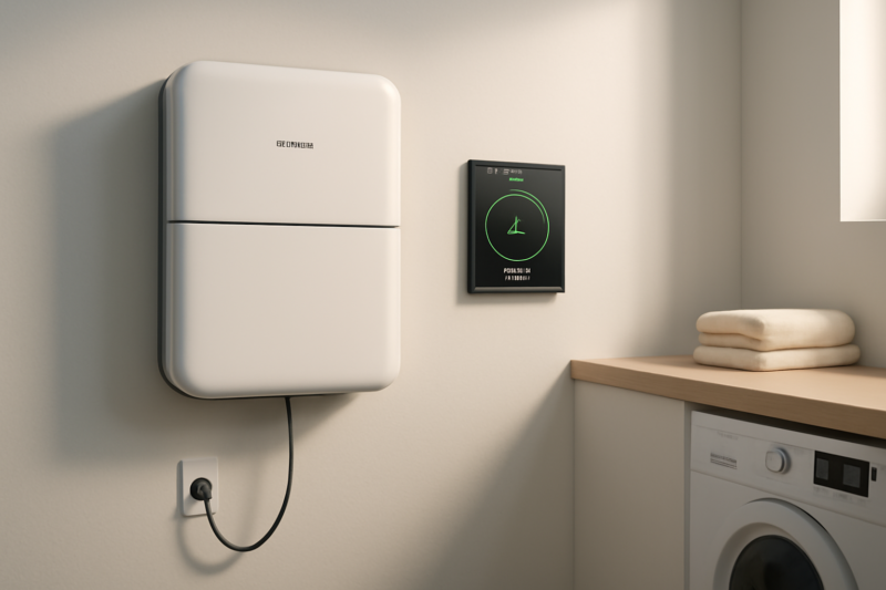 Thuisaccu aan de muur in een woning, zonder zonnepanelen, met laadweergave