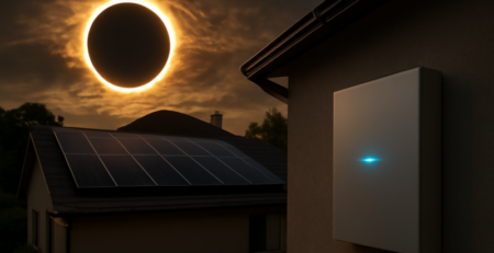 Zonnepanelen op dak tijdens zonsverduistering met thuisaccu als energiebuffer