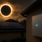 Zonnepanelen op dak tijdens zonsverduistering met thuisaccu als energiebuffer