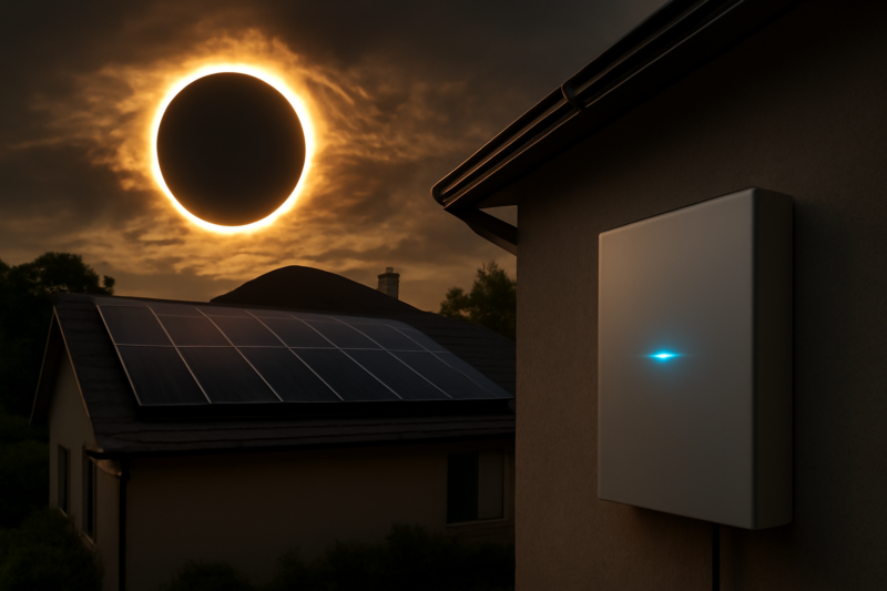 Zonnepanelen op dak tijdens zonsverduistering met thuisaccu als energiebuffer