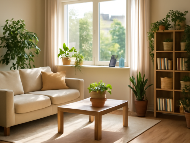 Lichte woonkamer met planten, houten meubels en duurzame accessoires op de vensterbank