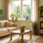 Lichte woonkamer met planten, houten meubels en duurzame accessoires op de vensterbank