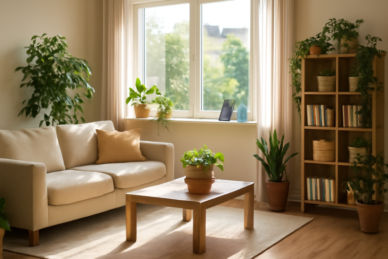 Lichte woonkamer met planten, houten meubels en duurzame accessoires op de vensterbank