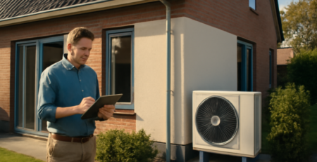 Huiseigenaar bekijkt subsidiedocumenten naast een warmtepomp bij een woning