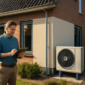 Huiseigenaar bekijkt subsidiedocumenten naast een warmtepomp bij een woning