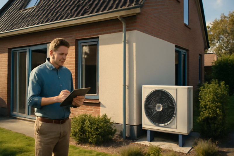 Huiseigenaar bekijkt subsidiedocumenten naast een warmtepomp bij een woning
