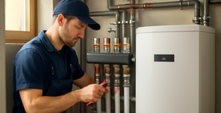 Installateur stelt waterzijdige balansafsluiter in op een warmtepompinstallatie