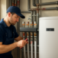 Installateur stelt waterzijdige balansafsluiter in op een warmtepompinstallatie