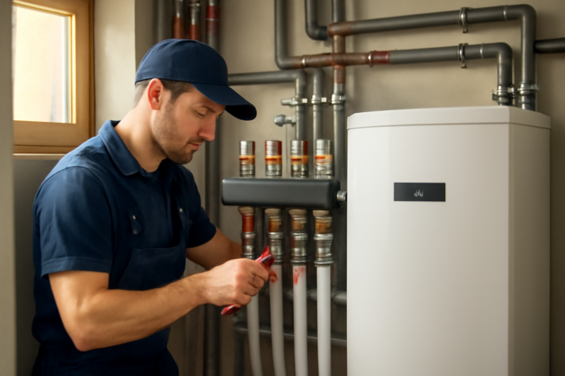 Installateur stelt waterzijdige balansafsluiter in op een warmtepompinstallatie