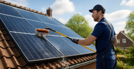 Professionele medewerker reinigt zonnepanelen op een schuin huisdak in het voorjaar