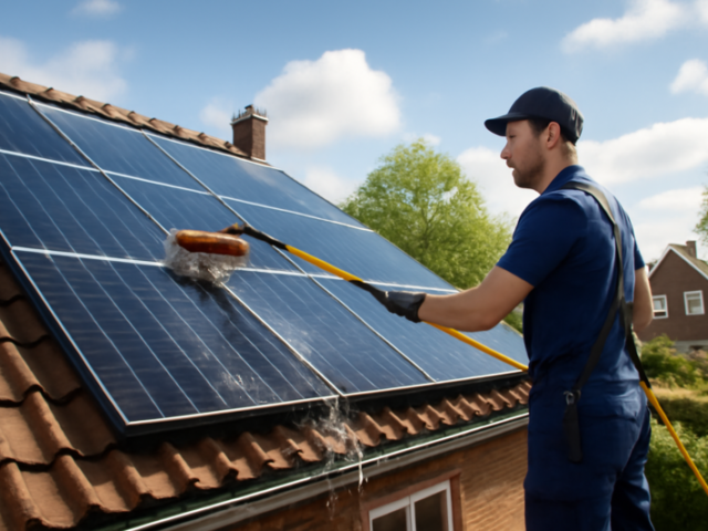 Professionele medewerker reinigt zonnepanelen op een schuin huisdak in het voorjaar