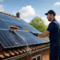 Professionele medewerker reinigt zonnepanelen op een schuin huisdak in het voorjaar