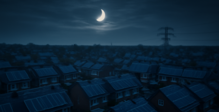 Zonnepanelen op daken in Nederland tijdens een gedeeltelijke zonsverduistering met hoogspanningsmast