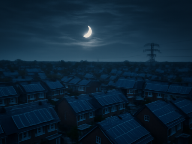 Zonnepanelen op daken in Nederland tijdens een gedeeltelijke zonsverduistering met hoogspanningsmast