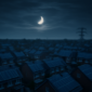 Zonnepanelen op daken in Nederland tijdens een gedeeltelijke zonsverduistering met hoogspanningsmast