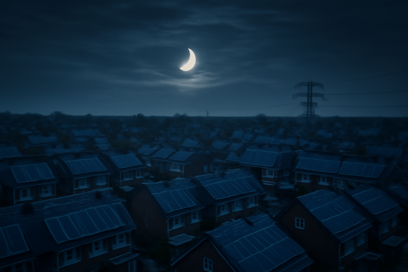 Zonnepanelen op daken in Nederland tijdens een gedeeltelijke zonsverduistering met hoogspanningsmast