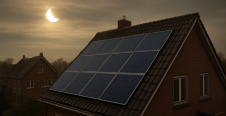Zonnepanelen op Nederlands dak tijdens gedeeltelijke zonsverduistering met gedimde hemel