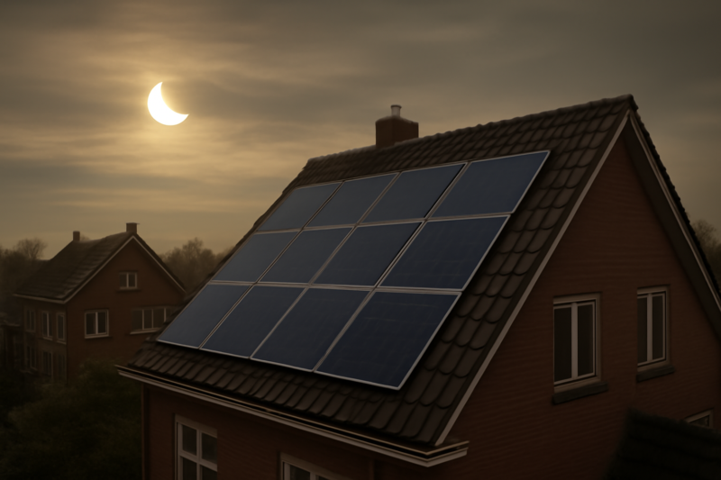 Zonnepanelen op Nederlands dak tijdens gedeeltelijke zonsverduistering met gedimde hemel