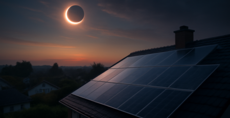 Zonnepanelen op een dak tijdens een gedeeltelijke zonsverduistering met verduisterde lucht