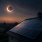 Zonnepanelen op een dak tijdens een gedeeltelijke zonsverduistering met verduisterde lucht