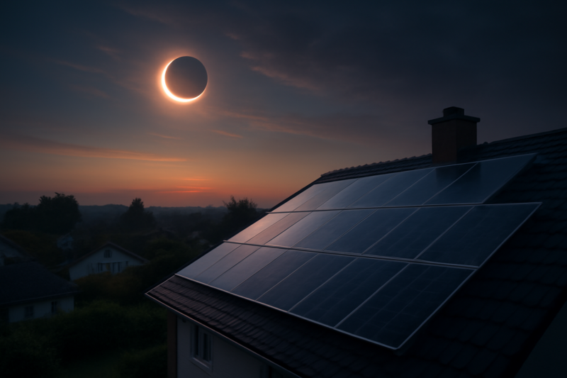 Zonnepanelen op een dak tijdens een gedeeltelijke zonsverduistering met verduisterde lucht