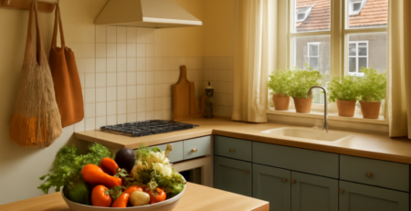 Duurzaam ingericht Nederlands keuken met seizoensgroenten, kruidentuin en herbruikbare tassen