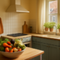 Duurzaam ingericht Nederlands keuken met seizoensgroenten, kruidentuin en herbruikbare tassen