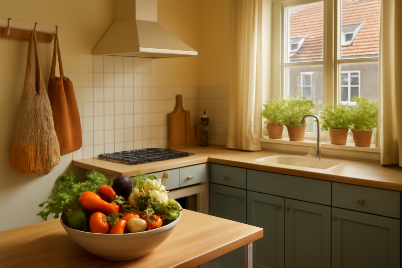 Duurzaam ingericht Nederlands keuken met seizoensgroenten, kruidentuin en herbruikbare tassen