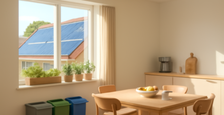 Duurzaam ingericht Nederlands interieur met led-verlichting, slimme thermostaat en herbruikbare producten