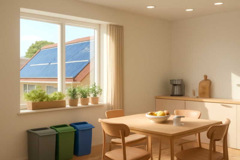Duurzaam ingericht Nederlands interieur met led-verlichting, slimme thermostaat en herbruikbare producten