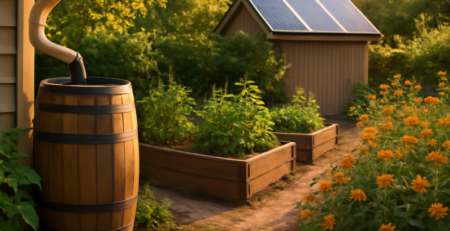 Duurzame tuin met regenton, moestuinbak, zonnepanelen op schuur en bloemrijke border
